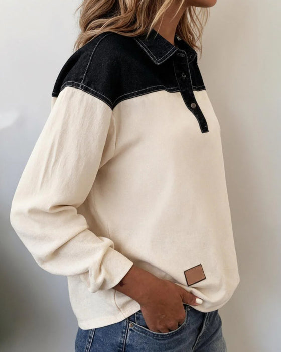 Bluse afslappet lapel denim patchwork