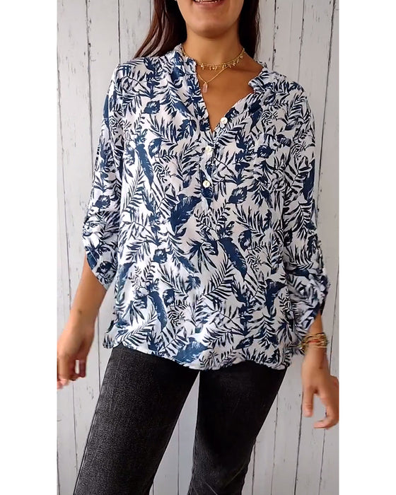 V-halset bluse med bladprint