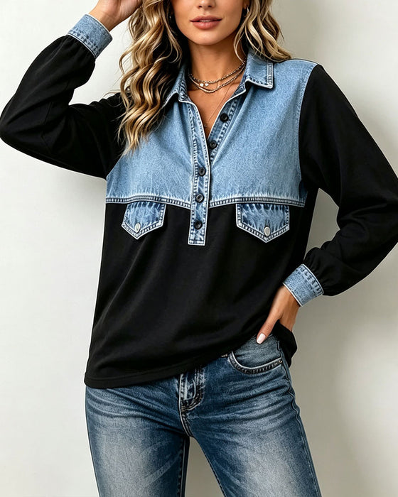 Sweatshirt Skjortekrave Lomme Patchwork