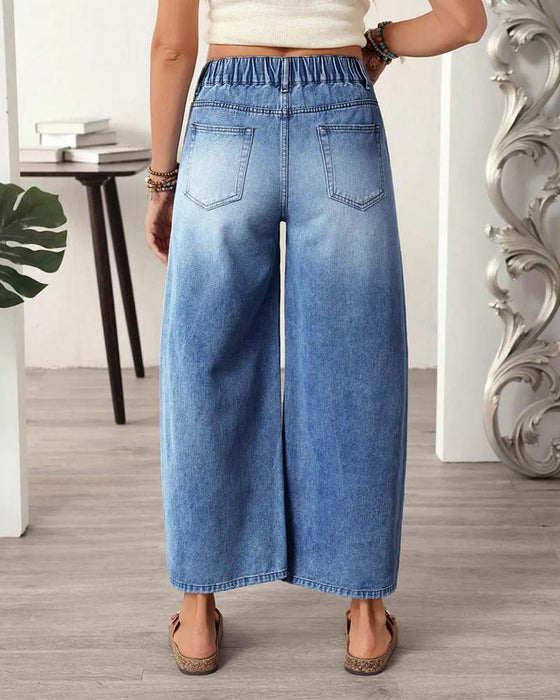 Jeans Denim Elastisk Talje Bredt Ben Croppet