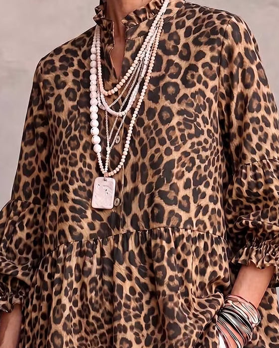 Top Leopard Tryk Rynke Trim Knap