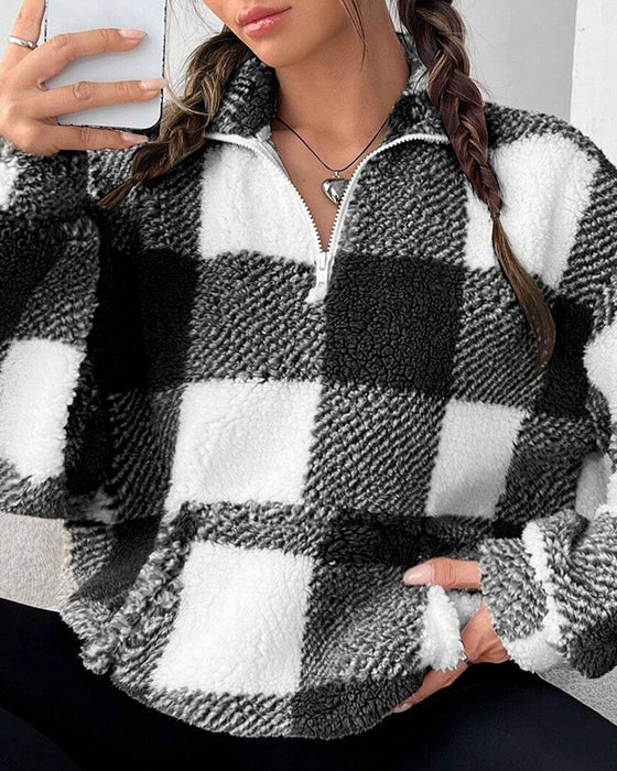 Sweatshirt Halv-Zip Ståkrave Rutemønster