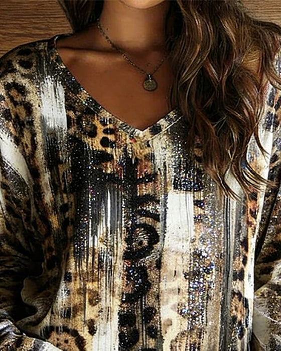 T-Shirt V-Hals Leopard Print Gradient Lang Ærme