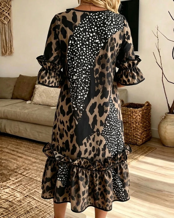 Kjole Leopardpatchwork Rynke Rundhals