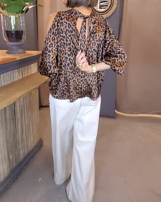 Bluse Med Bånd Over Skuldrene Leopardprint