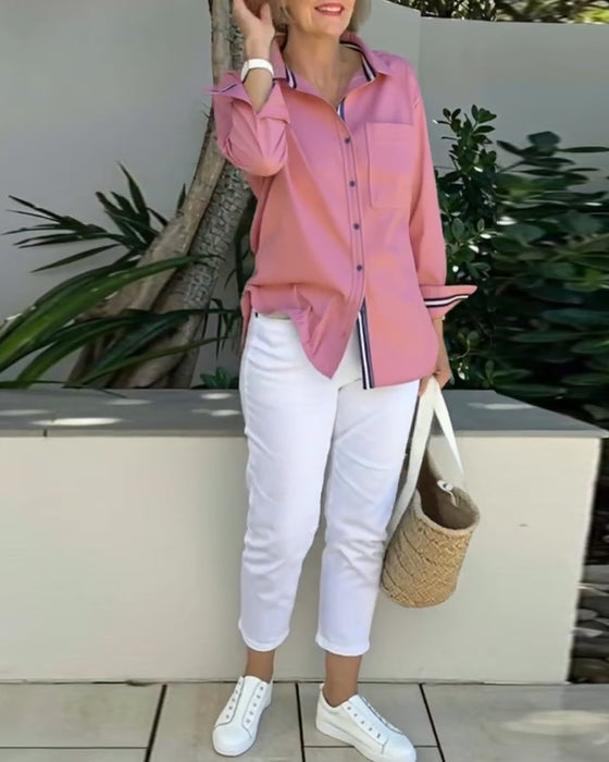 Skjorte Langærmet Knappet Krave Med Lomme