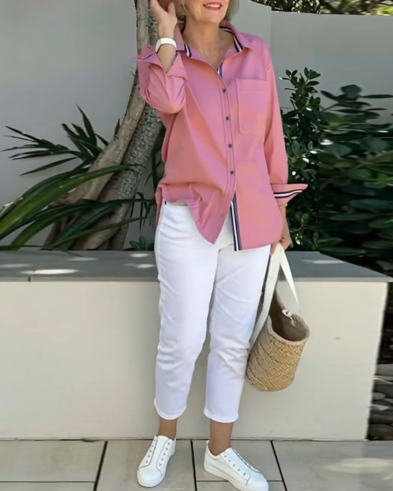 Skjorte Langærmet Knappet Krave Med Lomme