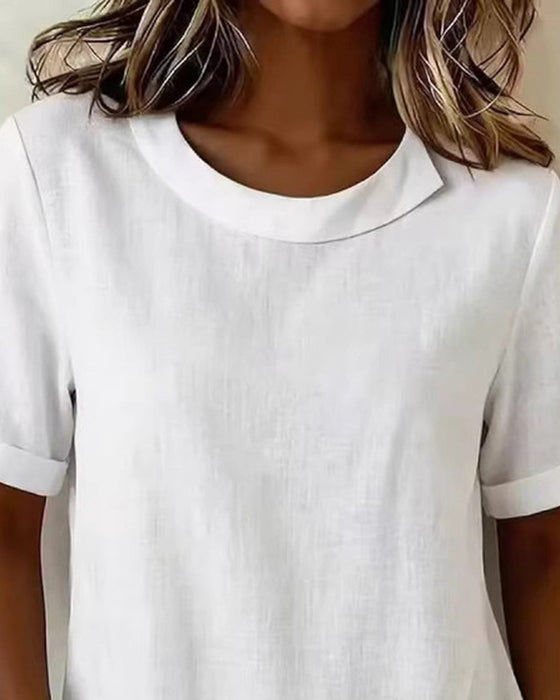 Bluse Korte Ærmer Uregelmæssigt Design Halsudskæring