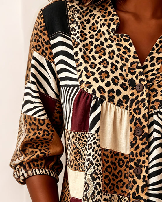 Bluse Leopard Farveblok V-Hals