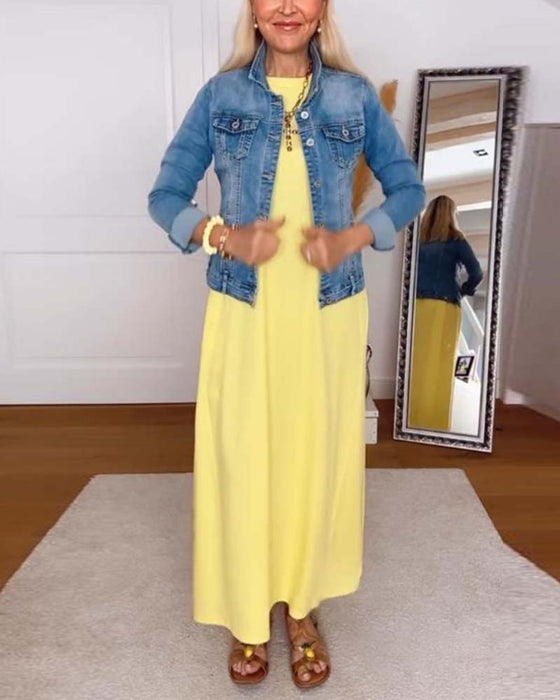 Kjole Casual Rund Hals Ensfarvet Lige