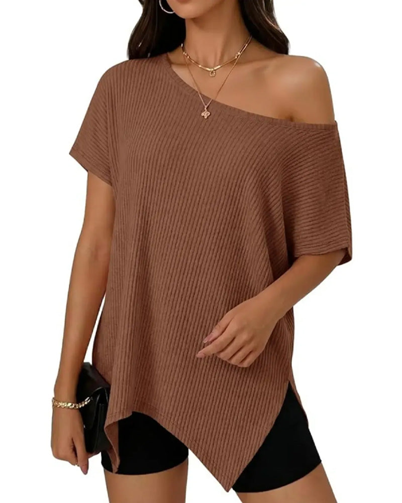 T-Shirt Uregelmæssig Off-Shoulder Kort Ærme Ribbet
