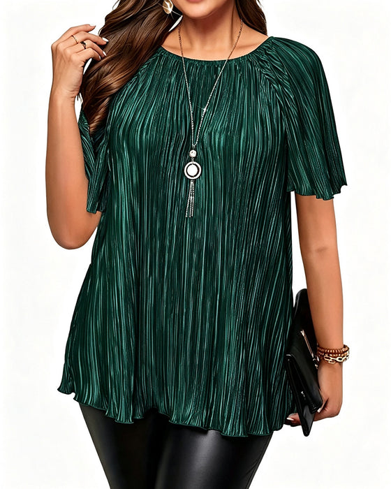 T-Shirt Plus Size Solid Plisseret Kort Ærme
