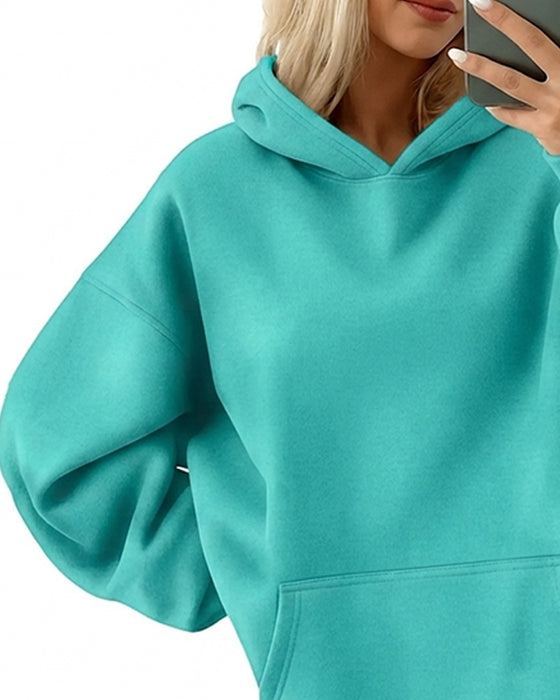 Hoodie Med Hætte Lomme Solid Løs