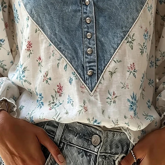 Bluse V-Hals Blomstertryk Pufærme Denim Panel