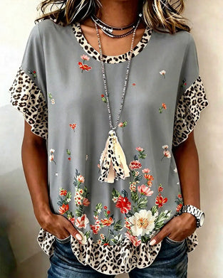 T-Shirt Leopard Patchwork Blomstret Tryk