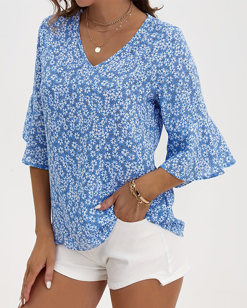 Bluse V-Hals Floral Sommerfugl Ærme