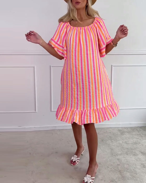 Kjole Rund Hals Stribet Plisseret Shift