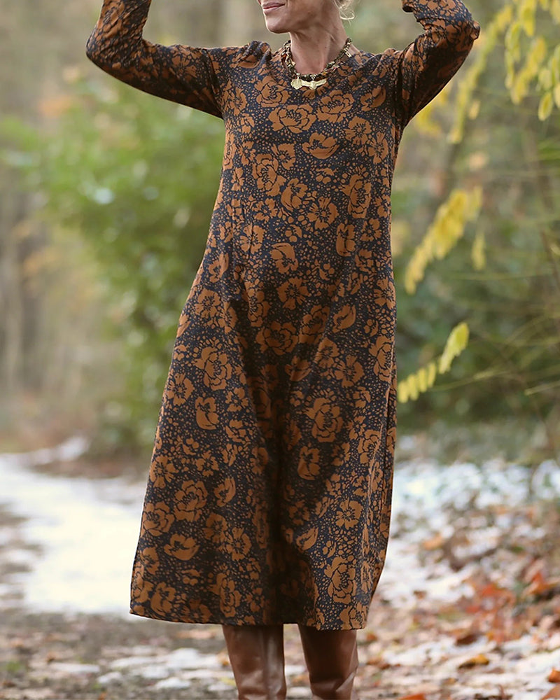 Kjole Blomsterprint Rund Hals Løs Passform