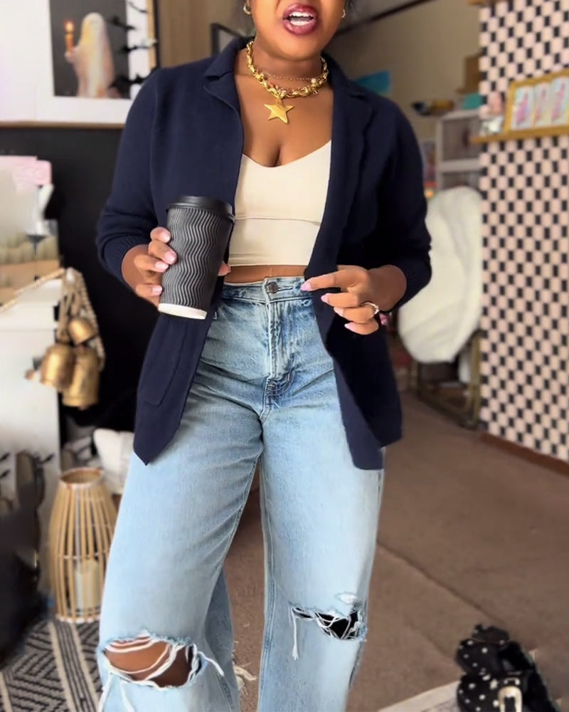 Cardigan komfortabel ensfarvet med lomme