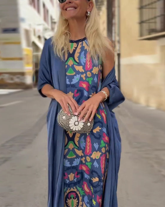 Sæt Ærmeløs Lang Kjole Med Lang Cardigan