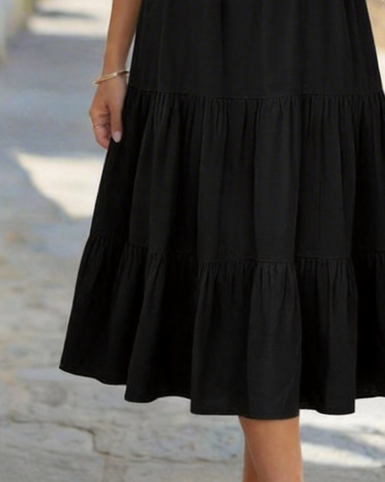 Kjole Ensfarvet V-Udskæring Flæse A-Linje