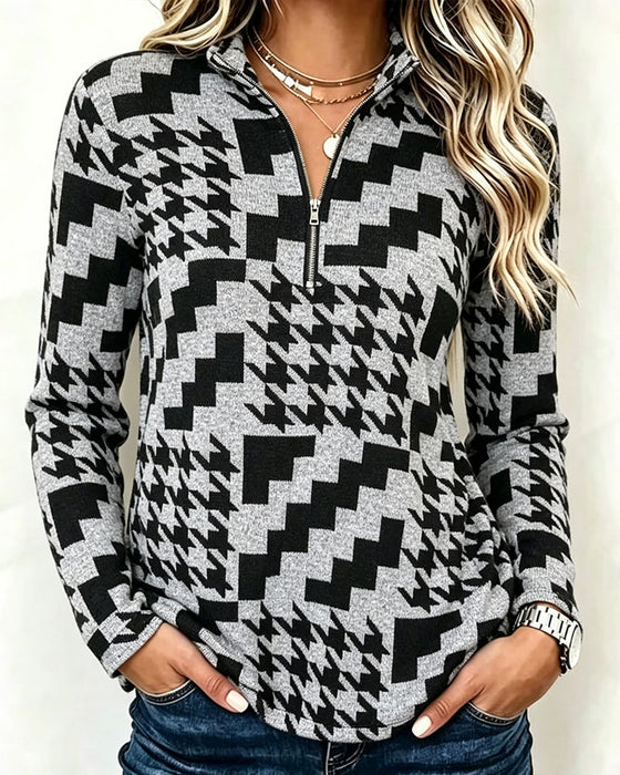 Top Houndstooth Halv-Zip Ståkrave Langærmet