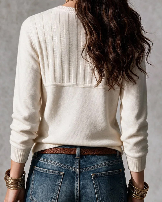 Pullover Rund Hals Stribe Knap Foran Solid Strikket
