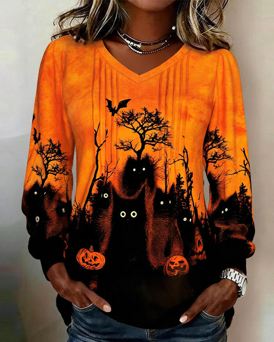 Top V-Hals Rynket Halloween Langærmet