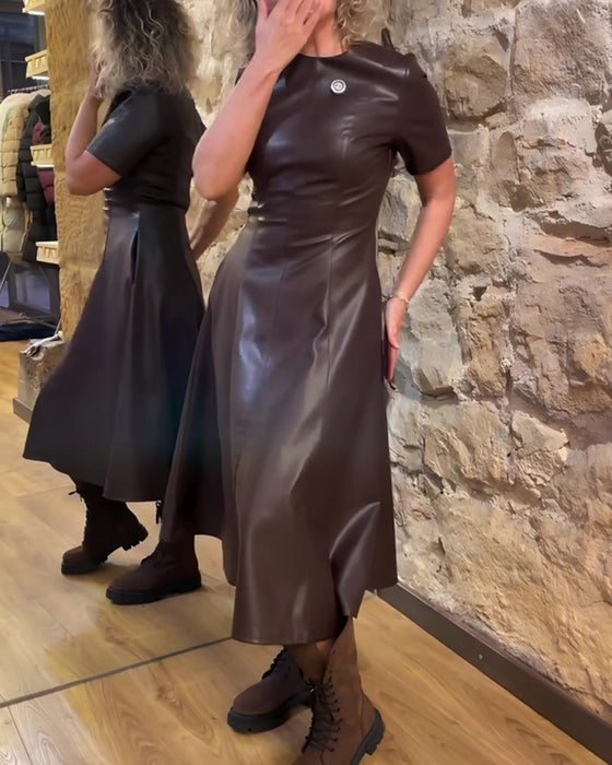 Kjole Pu Læder Taljet Kortærmed