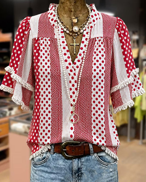Bluse V-Hals Prikket Frynser Patchwork