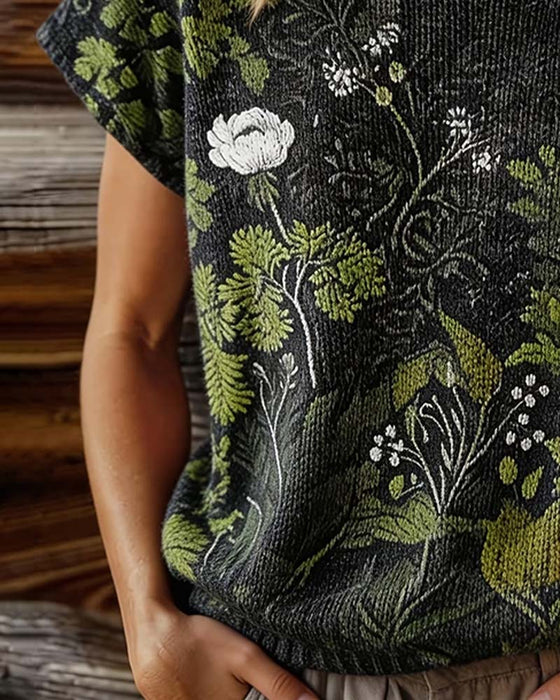 T-Shirt Rundhalset Strikket Tryk Kort