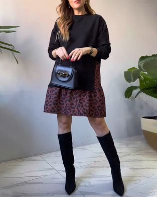 Patchwork sweaterkjole med leopardprint nederdel