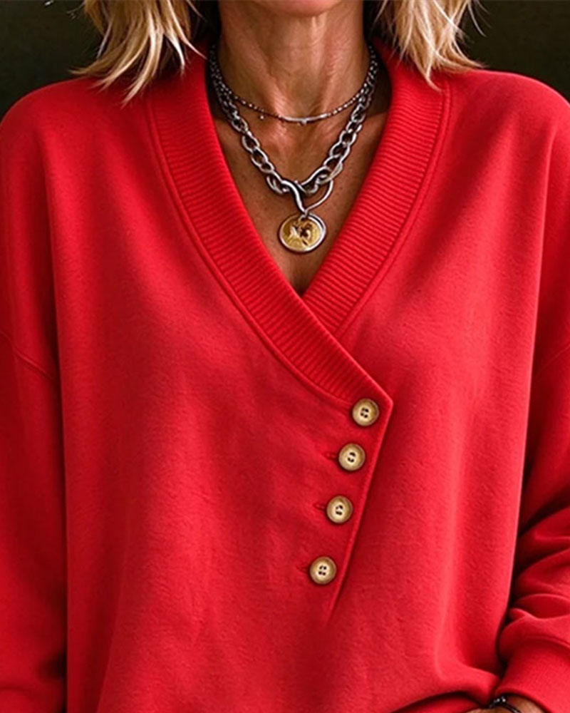 Sweatshirt Diagonal Knap V-Hals Pullover
