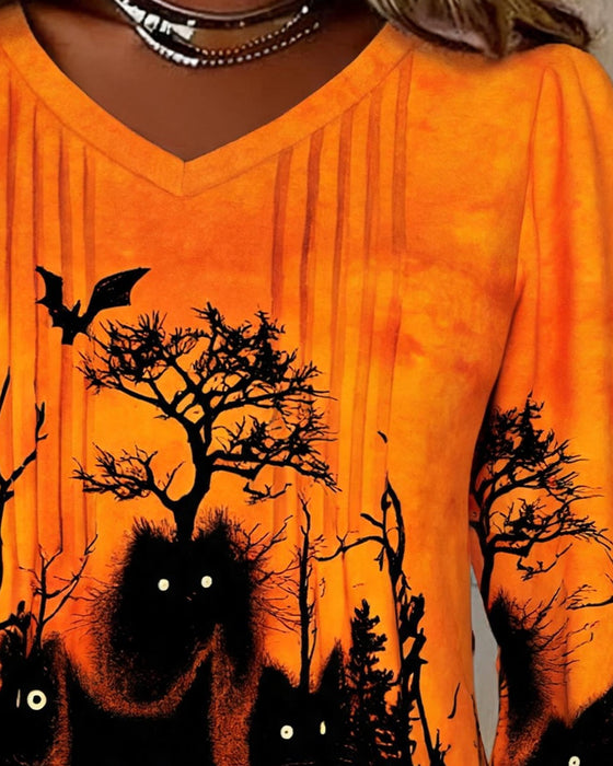 Top V-Hals Rynket Halloween Langærmet