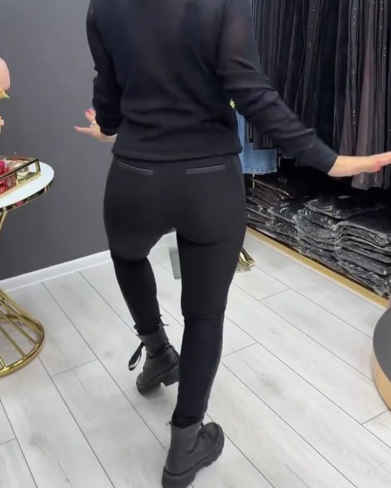Leggings PU Patchwork Lynlås Udsmykket