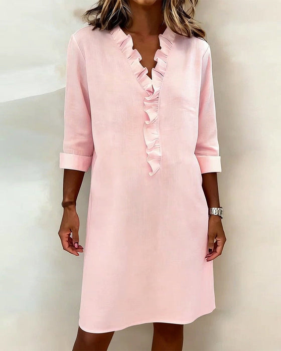 Kjole Rynket V-Hals Ensfarvet