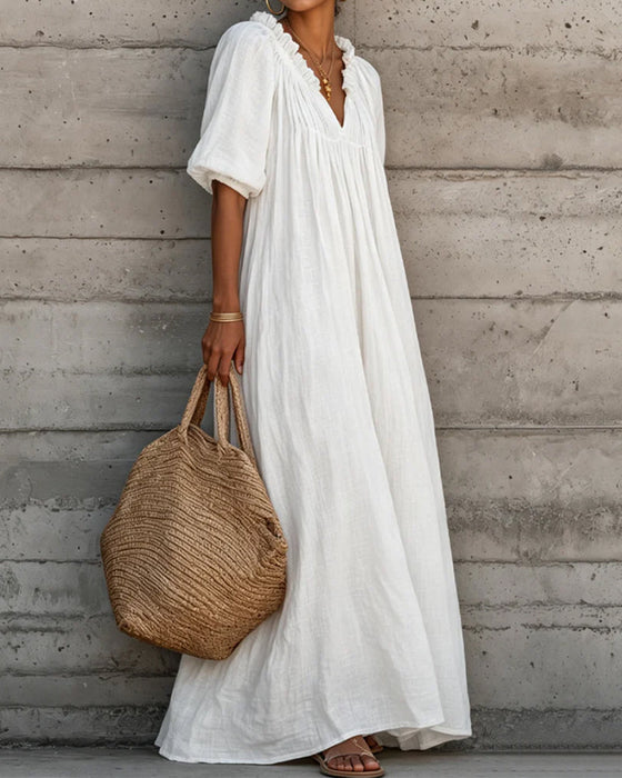 Kjole Ren Hvid Boble Ærme Fuld Nederdel Maxi