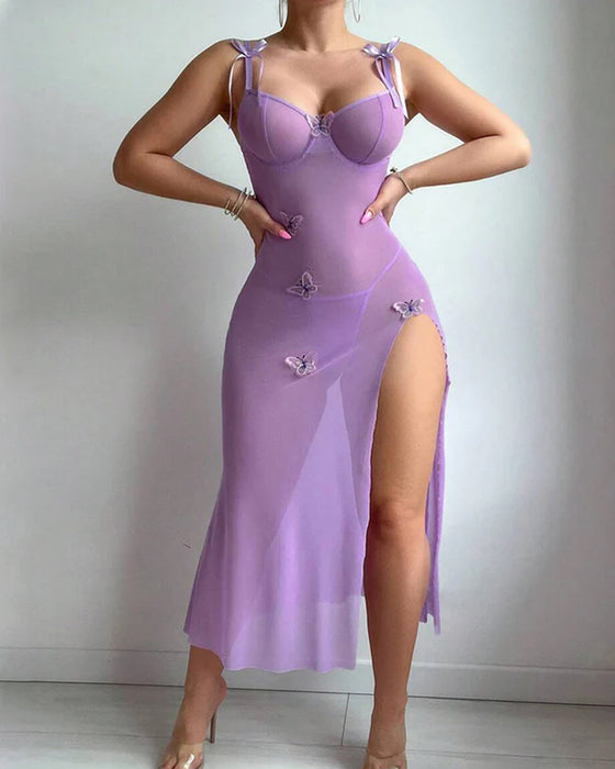 Mesh-Sommerfugl Kjole Med Højt Split Og Bærestropper