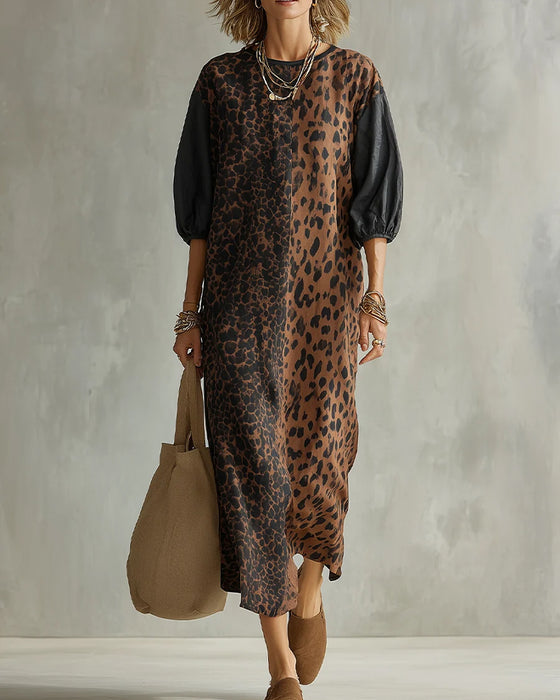 Kjole Leopard Print Farveblok Puf Ærme