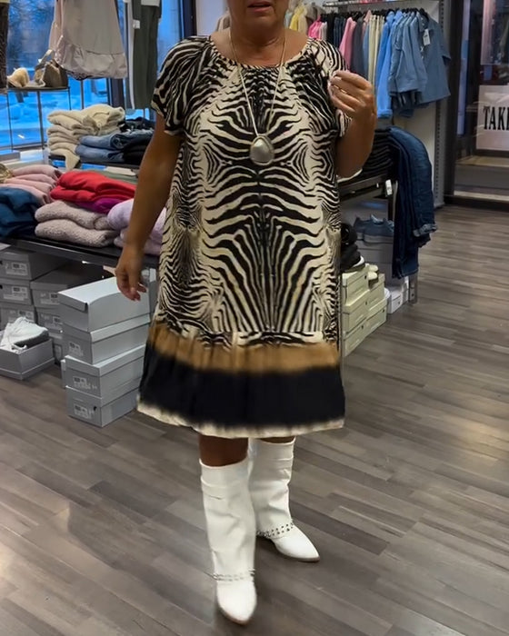 Kjole Løs Rund Hals Kort Ærme Printet