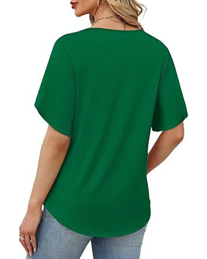 T-Shirt V-Udskæring Lille Slids Korte Ærmer Ensfarvet