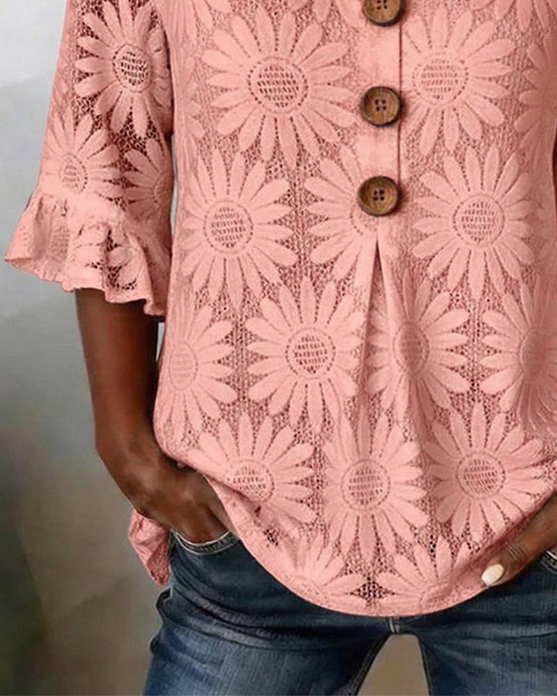 Bluse Med Rynket Tusindfrydmønster Og Rynkeærmer