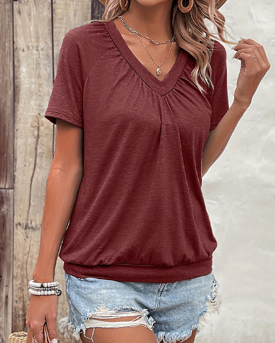 T-Shirt Casual Plisseret V-Hals