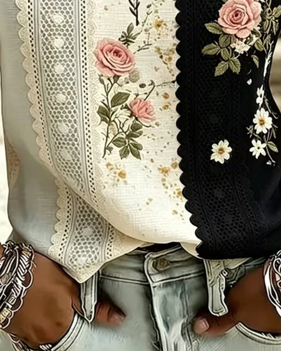 Bluse Kontrast Blonder Rose Tryk