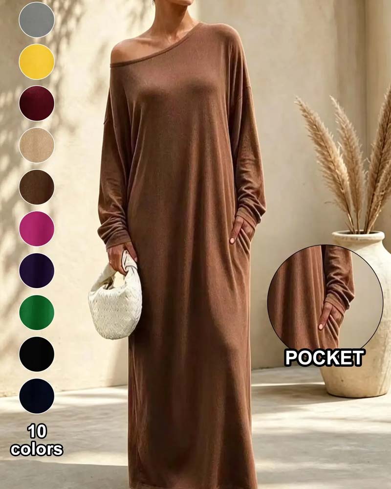 Kjole Asymmetrisk Off-Shoulder Lang Ærme Lomme Maxi