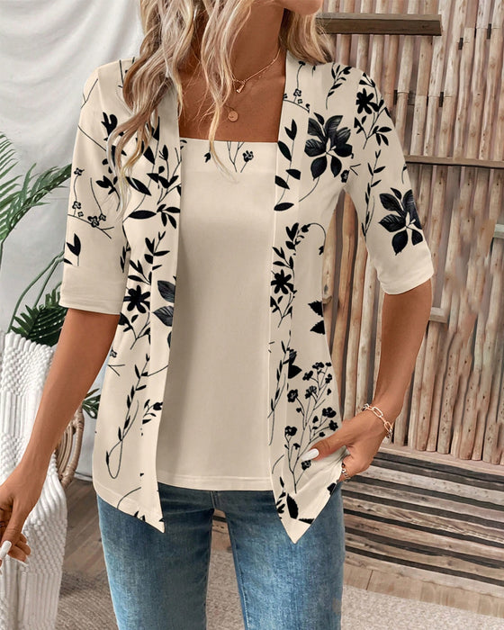 Elegant Falsk To-delt T-skjorte med Blomster mønster