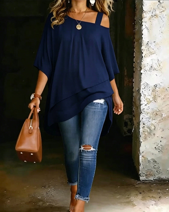 Bluse Asymmetrisk Cold Shoulder Ensfarvet Afslappet