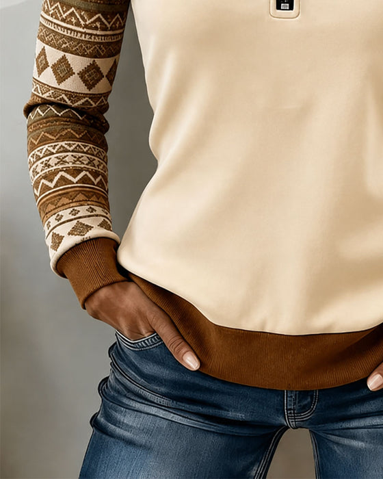 Sweatshirt Halv Lynlås Farveblok Vintage Patchwork