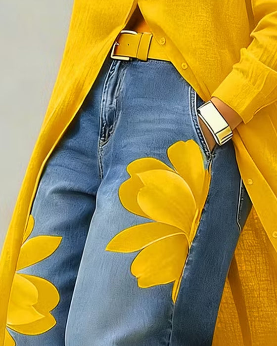 Blomstertrykte Jeans Kortskåret Bredbenet