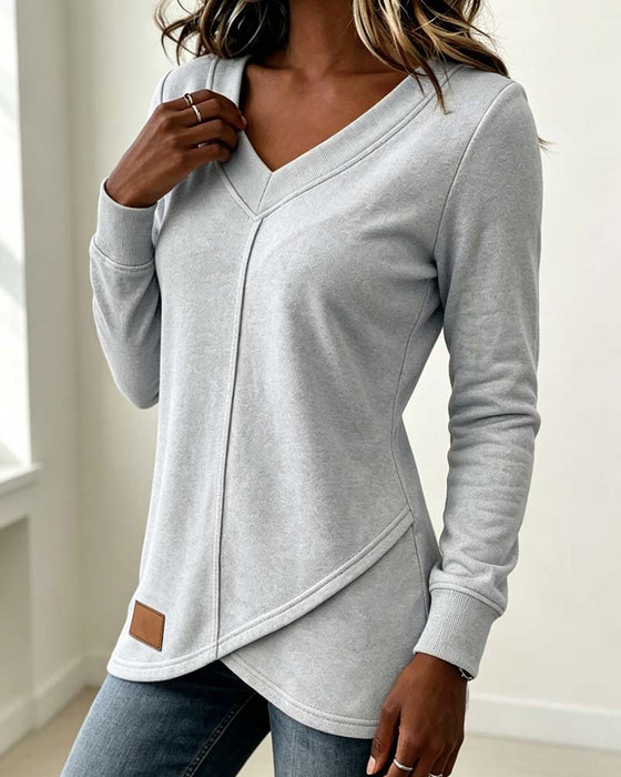 Sweatshirt V-Hals Langærmet Kryds Asymmetrisk